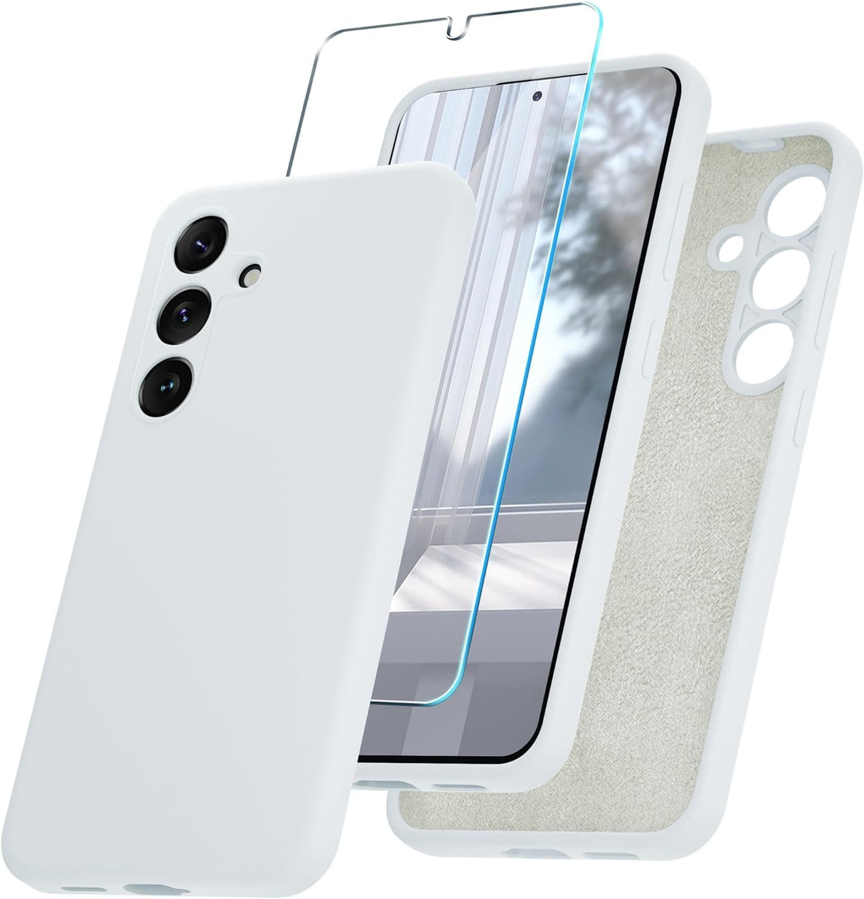 AWH Samsung Galaxy S24 Case - Silicone Phone Case with 1 Screen Protector - Soft Anti-Scratch Microfiber Lining, Full Body Shockproof Slim Cover Support Wireless Charging (White)