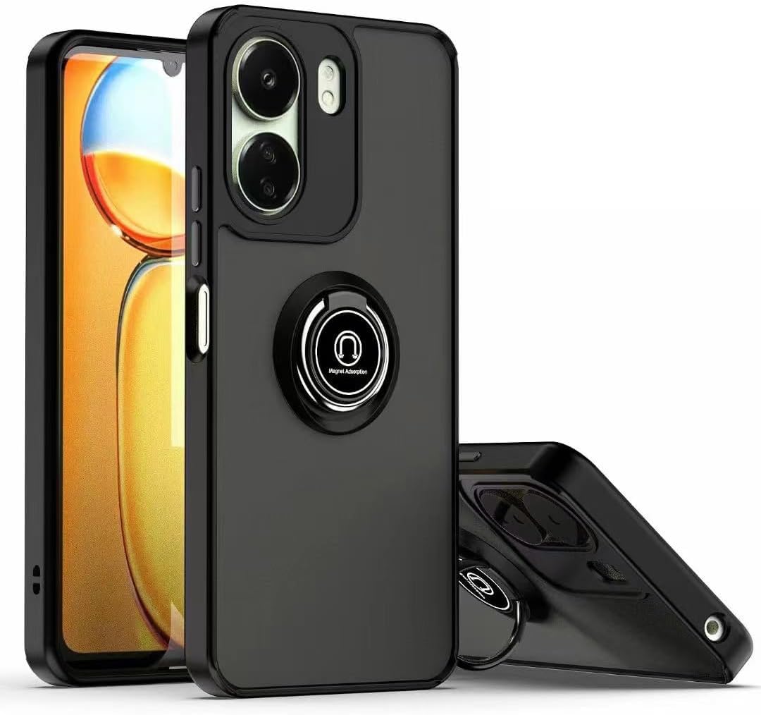 جراب AWH متوافق مع هاتف Xiaomi Redmi 13C مع واقي شاشة - هيكل من طبقة مزدوجة من مادة TPU + PC الصلبة، حامل تثبيت على السيارة بحلقة مغناطيسية مقاومة للصدمات لتوفير أقصى قدر من الحماية (أسود)