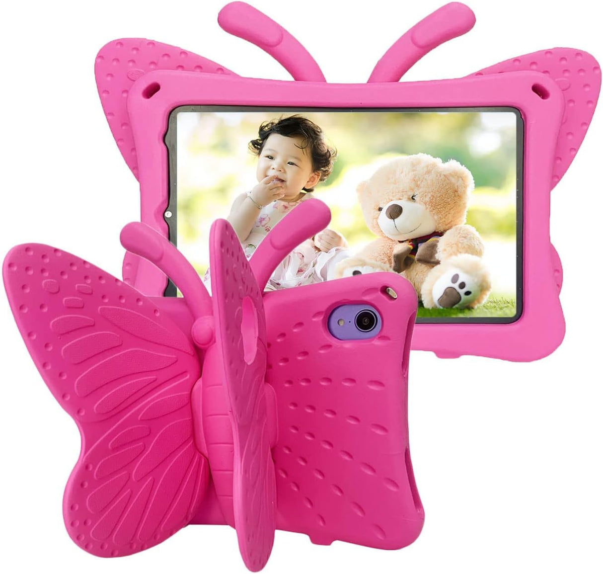 AWH iPad Mini 6 Case Kids - iPad Mini 2021 Case with Pencil Holder - Cute Butterfly Shockproof Light Weight EVA Foam Bumper Stand Cover for iPad Mini (6th Generation) 8.3" Tablet (Hot Pink)