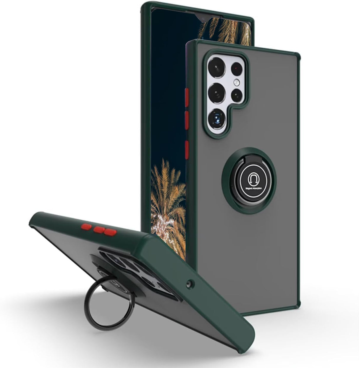 جراب TR-PLANET بحلقة معدنية دوارة لهاتف Samsung Galaxy S25 Ultra - غطاء ممتص للصدمات غير لامع مع مسند، متوافق مع حامل السيارة المغناطيسي، غطاء خلفي صلب لهاتف Samsung Galaxy S25 Ultra، أخضر/رمادي