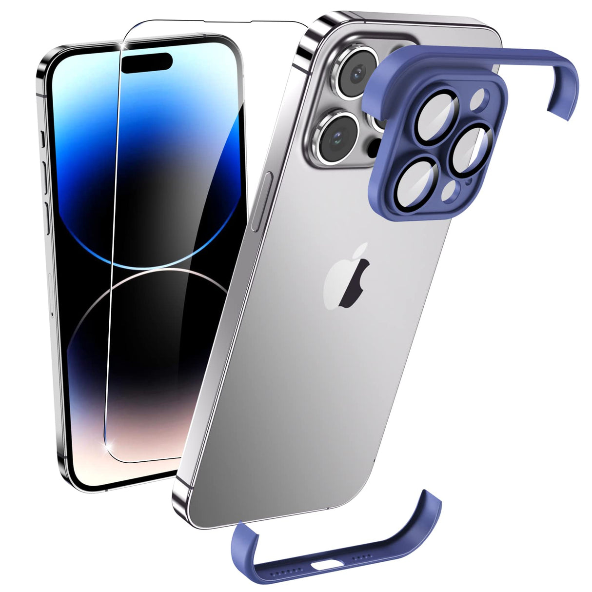 جراب YMHML بدون إطار لهاتف iPhone 14 Pro Max واقي لعدسة الكاميرا مع واقي شاشة من الزجاج المقوى، غطاء TPU ناعم رفيع، ملحقات حماية من السقوط العسكري لهاتف iPhone 14 Pro Max، أزرق