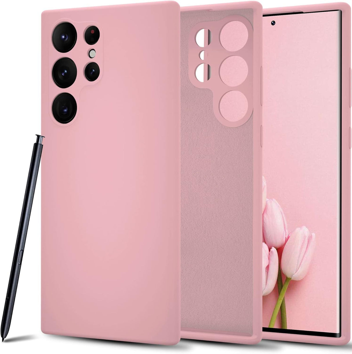 جراب AWH S23 Ultra Silicone - غطاء هاتف مقاوم للصدمات مصنوع من المطاط السائل الفاخر ذو ملمس ناعم، بتصميم نحيف، وحماية متطورة للكاميرا، وبطانة من الألياف الدقيقة (وردي وردي)