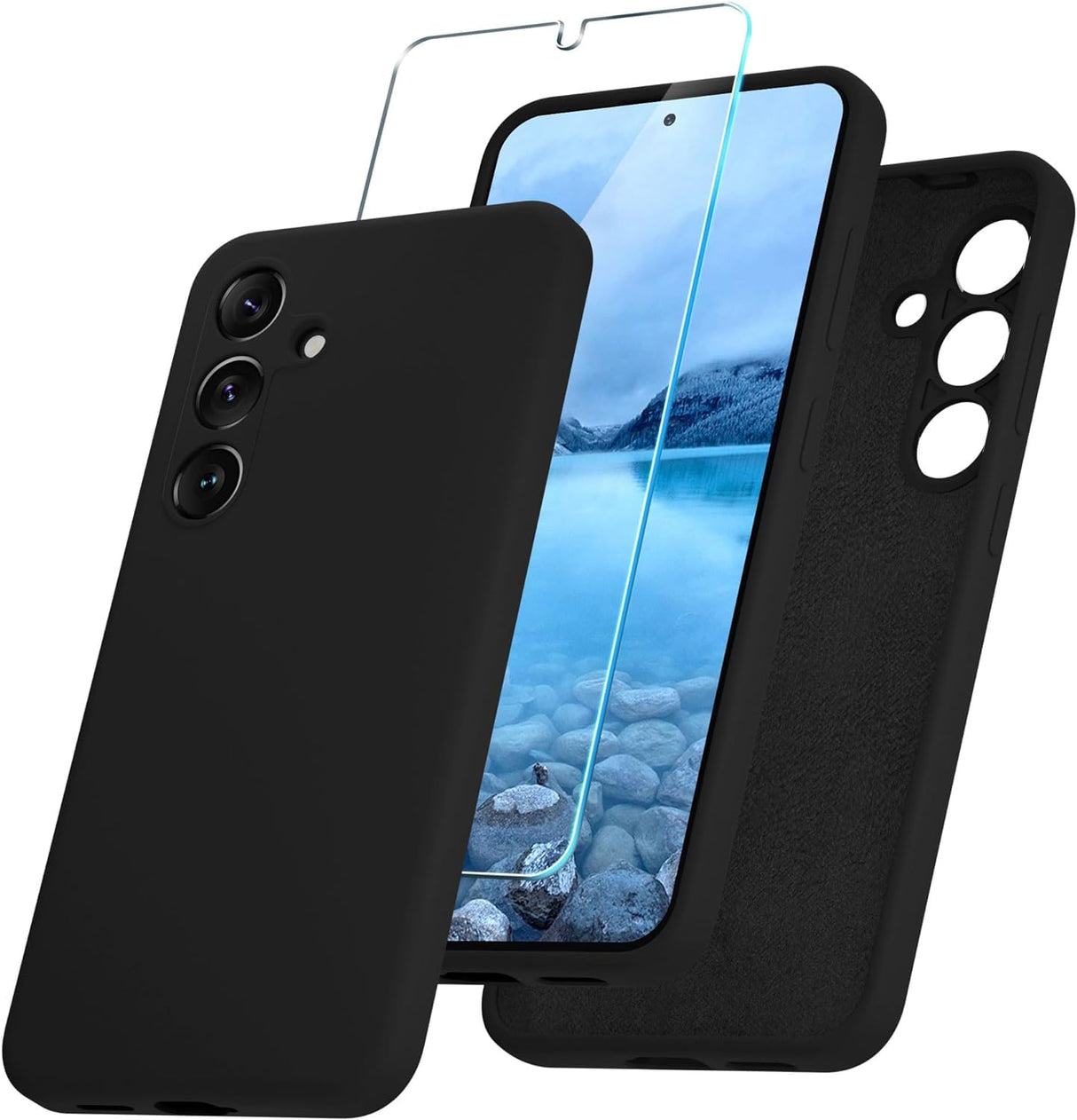 AWH Samsung Galaxy S24 Plus Case - Silicone Phone Case with 1 Screen Protector - Soft Anti-Scratch Microfiber Lining, Full Body Shockproof Slim Cover Support Wireless Charging (Black)