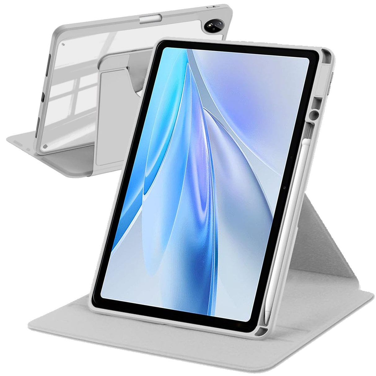 جراب دوار من A-BEAUTY متوافق مع جهاز Vivo Pad SE 12.3 بوصة 2025 مع حامل قلم، حامل دوار 360 درجة، غطاء مقاوم للصدمات، ظهر شفاف، إيقاظ/سكون تلقائي، فضي