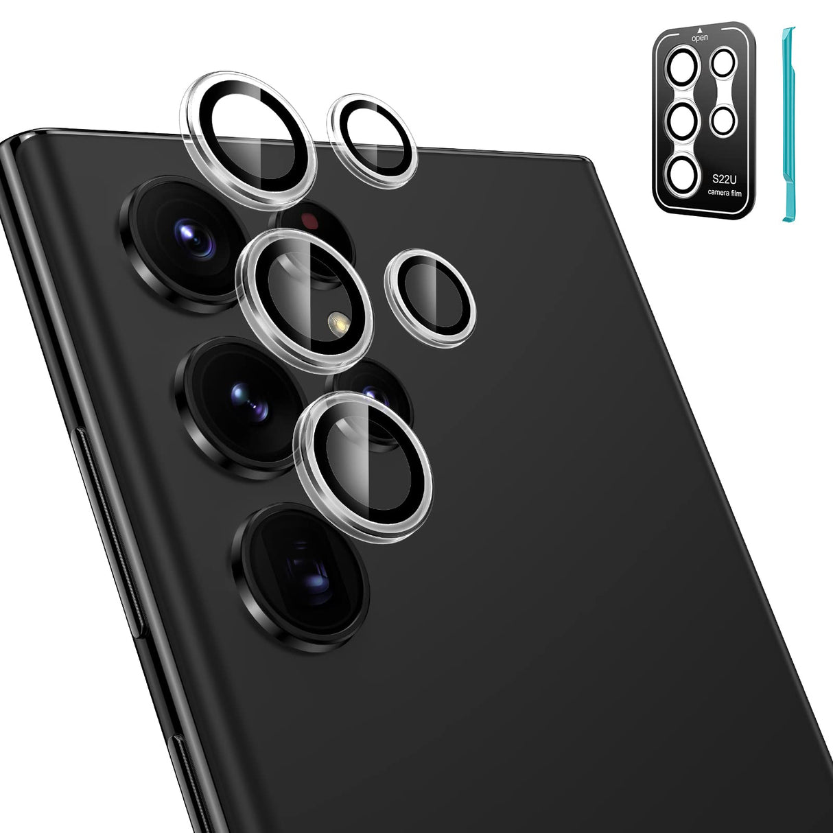 واقي عدسة كاميرا Tensea [3+2 قطعة] لهاتف Samsung Galaxy S22 Ultra، غطاء كاميرا من الزجاج المقوى 9H، واقي شاشة بحلقة معدنية فردية لهاتف S22 Ultra 5G إصدار 2022 (شفاف)