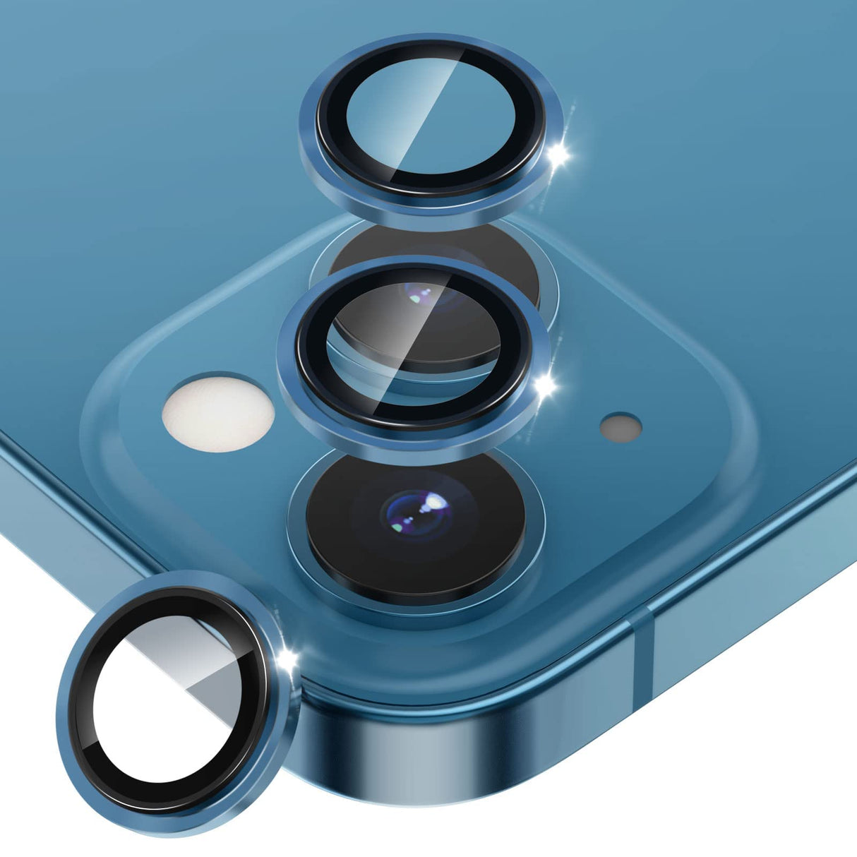 واقي عدسة الكاميرا من AWH لهاتف iPhone 13 6.1 بوصة / 13 Mini 5.4 بوصة، حلقة حماية من سبائك الألومنيوم الأصلية لعدسة الهاتف، غطاء لاصق لشاشة الكاميرا الخلفية من الزجاج المقوى، (أزرق)