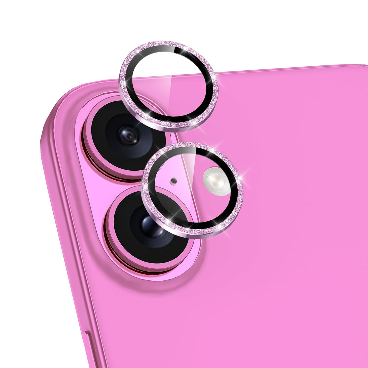 واقي عدسة كاميرا Avocase لهاتف iPhone 16/iPhone 16 Plus، غطاء عدسة من الزجاج المقوى بحلقة معدنية فردية، [امتصاص قوي] غطاء عدسة شفاف عالي الدقة رفيع مقاوم للخدش، مجموعة واحدة - وردي لامع