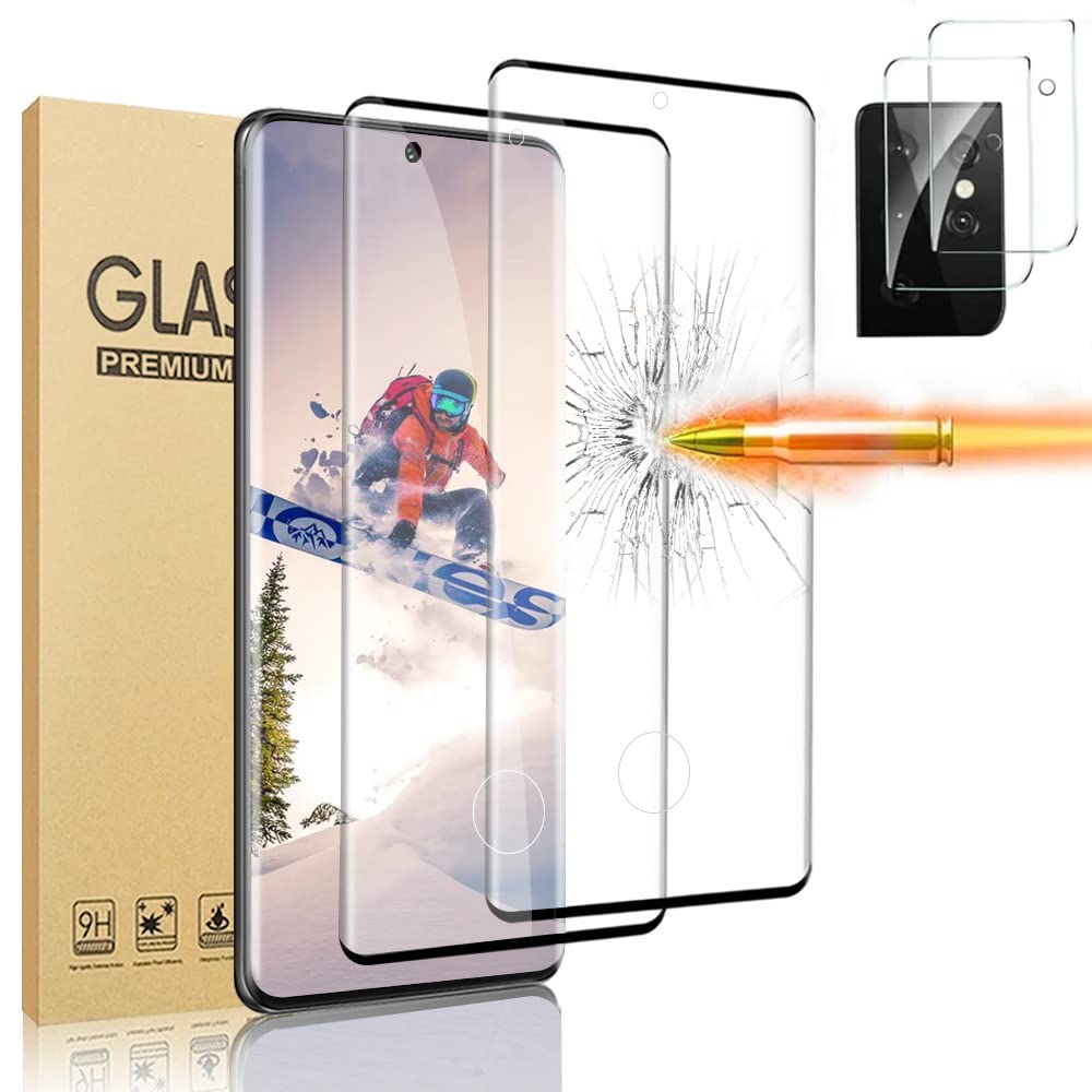 [عبوة من قطعتين] واقي شاشة لهاتف سامسونج جالاكسي S21 ألترا + واقي عدسة الكاميرا [فتح ببصمة الإصبع] [صلابة 9H] طبقة زجاجية مقواة عالية الدقة بتغطية كاملة ثلاثية الأبعاد، متوافق مع جالاكسي S21 ألترا 5G (6.8 بوصة)