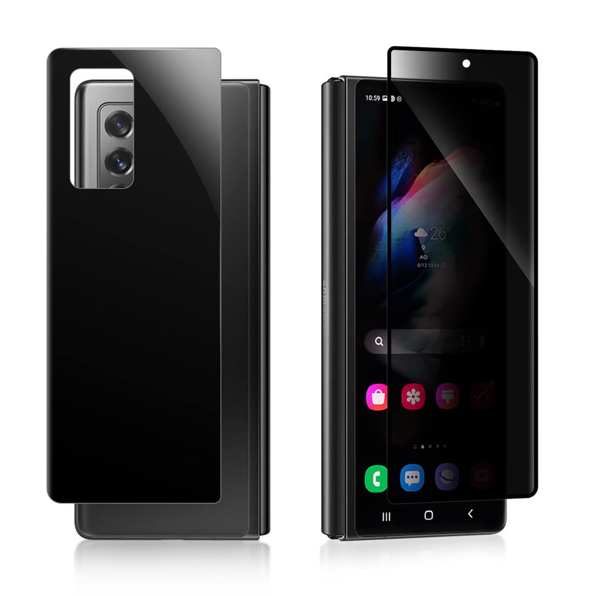 (1 SET 2PCS) Wolsiamc Designed for Samsung Galaxy Z Fold 2 5G Privacy Anti-Glare Screen Protector,1 PCS Front + 1 PCS Back Full Covered Tempered Glass Film (Black)