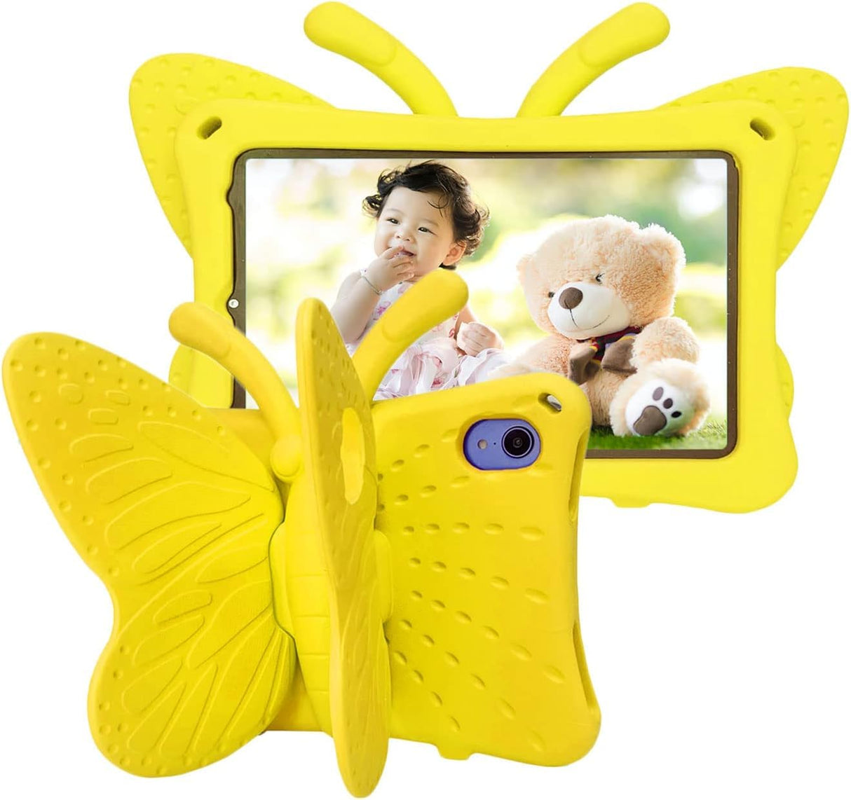 AWH iPad Mini 6 Case Kids - iPad Mini 2021 Case with Pencil Holder - Cute Butterfly Shockproof Light Weight EVA Foam Bumper Stand Cover for iPad Mini (6th Generation) 8.3" Tablet (Yellow)