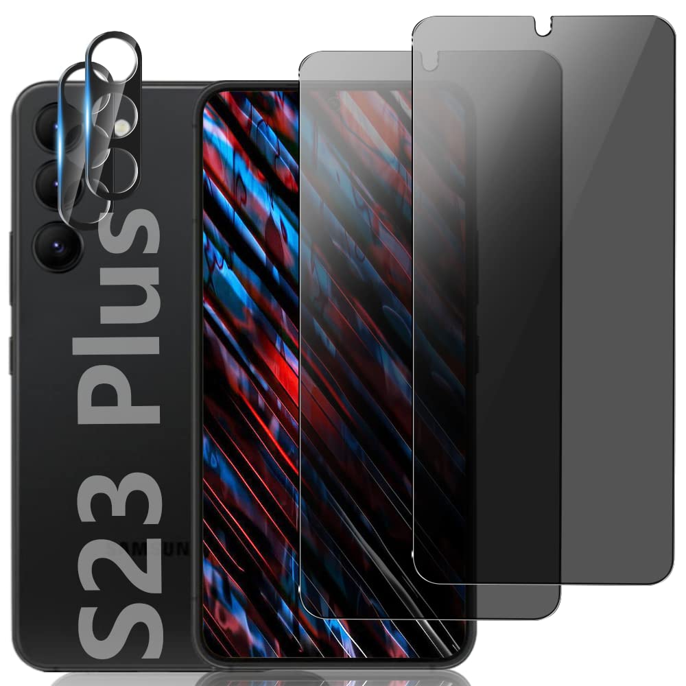 واقي شاشة الخصوصية AWH Geviaho [عبوة من قطعتين] وواقي عدسة الكاميرا لهاتف Samsung Galaxy S23 Plus، واقي زجاجي مقوى، تغطية كاملة، صلابة 9H HD مضاد للتجسس، فتح ببصمة الإصبع، متوافق