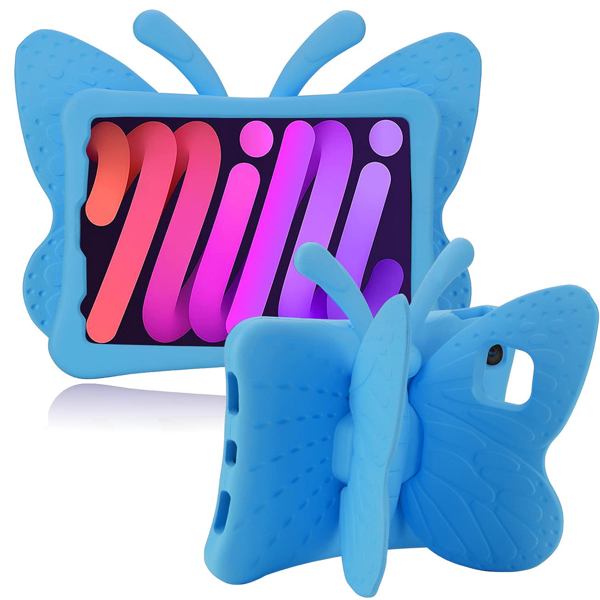 جراب AWH JGY iPad Mini 6 8.3 بتصميم فراشة جميل للأطفال والبنات، مصنوع من إسفنج EVA خفيف الوزن وغطاء كامل متين لجهاز iPad Mini 6 للأطفال مع حامل قلم رصاص، جراب مقاوم للصدمات ومتين لجهاز iPad Mini 6 (أزرق)