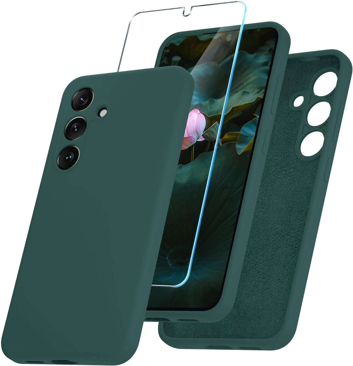 AWH Samsung Galaxy S24 Plus Case - Silicone Phone Case with 1 Screen Protector - Soft Anti-Scratch Microfiber Lining, Full Body Shockproof Slim Cover Support Wireless Charging (Dark Green)