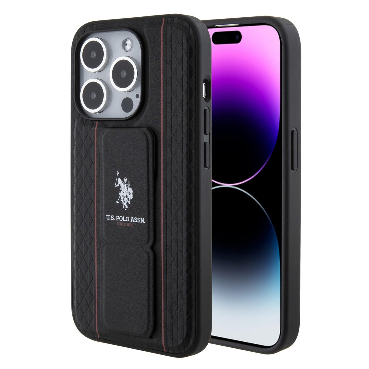 جراب CG MOBILE US Polo المصنوع من الجلد المزخرف بمقبض لهاتف iPhone 15 Pro Max (أسود)