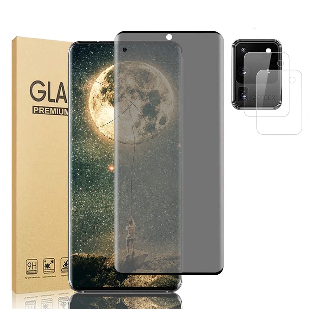 【عبوة من 1 + 2】واقي شاشة الخصوصية لهاتف Galaxy S20 Ultra + واقي عدسة الكاميرا سهل التركيب / منحني ثلاثي الأبعاد / صلابة 9H / واقي شاشة من الزجاج المقوى المضاد للتجسس، لهاتف Samsung Galaxy S20 Ultra 5G (6.9 بوصة)