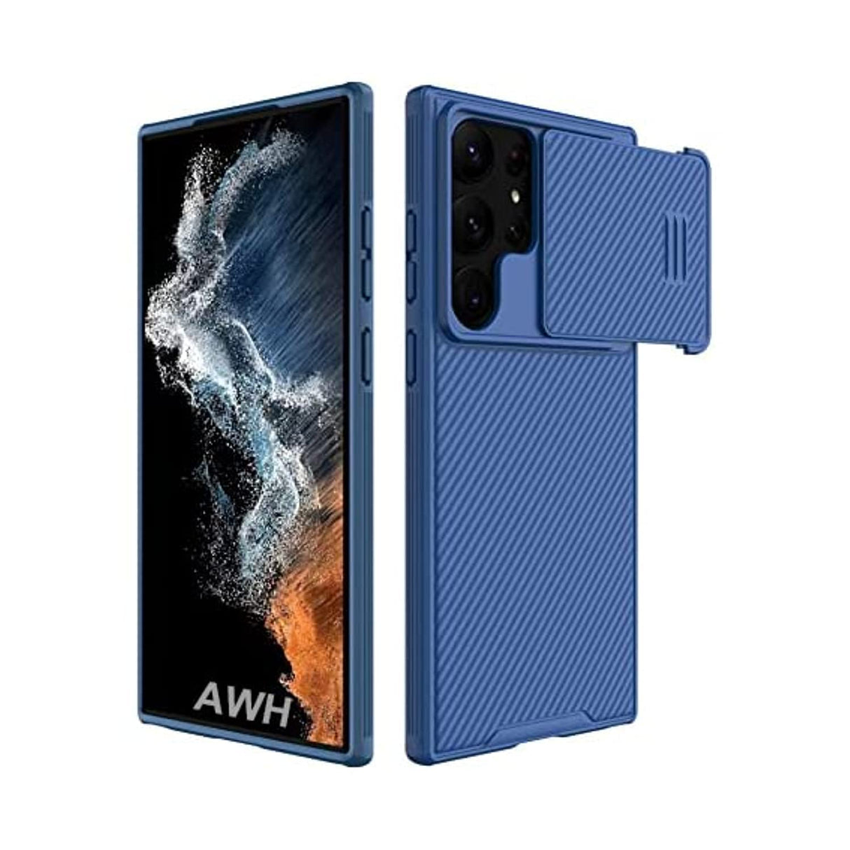 AWH Samsung Galaxy S23 Ultra 2023 Case with Creative Torsion Spring Camera Cover, Durable Shockproof Bumper with Heavy Drop Protection for Samsung Galaxy S23 Ultra (Blue)