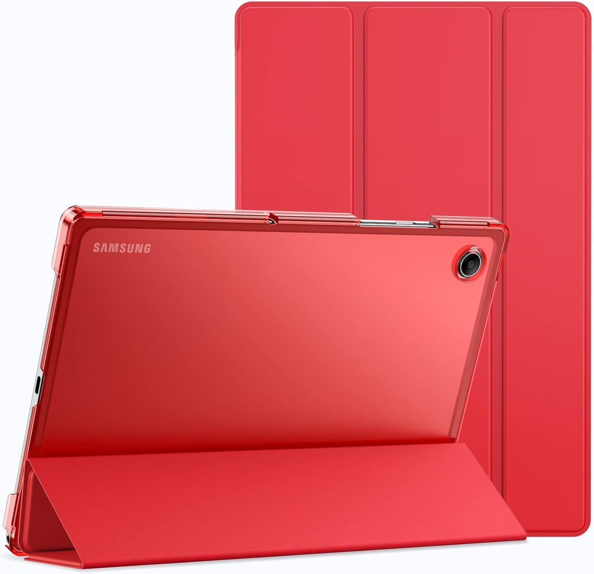 جراب AWH لجهاز Samsung Galaxy Tab A8-10.5 بوصة 2022 (SM-X200/X205/X207) - غطاء واقٍ رفيع شفاف مع حامل ثلاثي الطي، مع خاصية الإيقاظ/السكون التلقائي (أحمر)