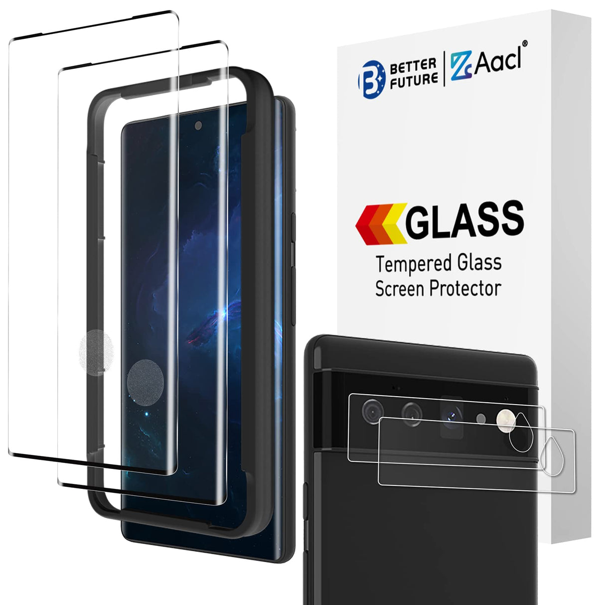 [4 Pack]2 Pack 3D Tempered Glass for Google Pixel 6 Pro Screen Protector[6.7 Inch] + 2 Pack Camera Lens Protector, [Easy Installation with Alignment][Fingerprint Unlock][Anti-Scratch][Work with Case]