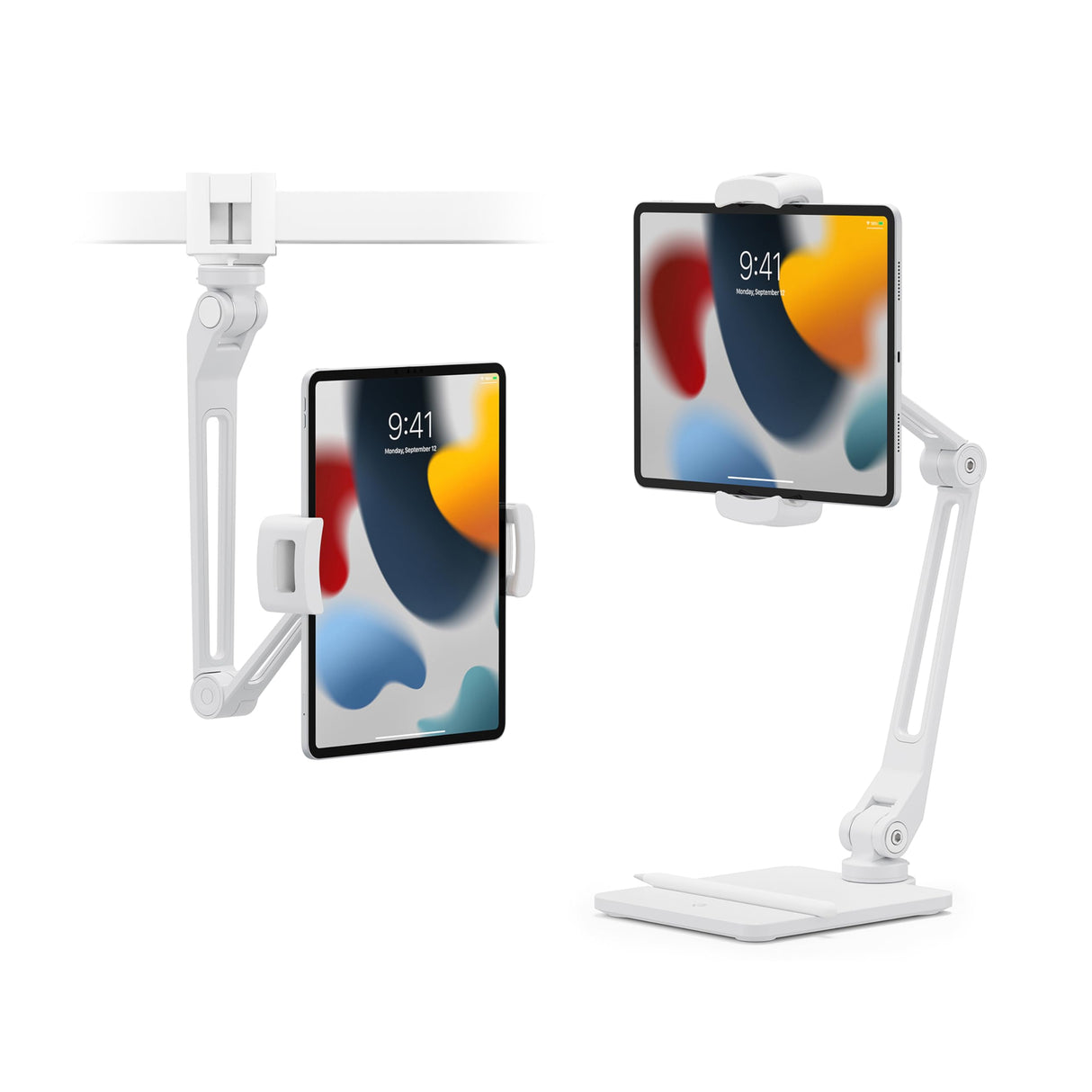 Twelve South HoverBar Duo (2nd Gen) for iPad/iPad Pro/Tablets | Adjustable Arm with New Quick-Release Weighted Base and Surface Clamp Attachments for Mounting iPad (White)