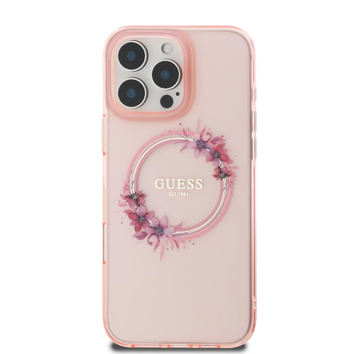 "CG MOBILE Compatible with iPhone 16 Pro Guess IML Hard Case Compatible with Magsafe with Flower Wreath Design, Drop Protection, Shock Absorption, Accurate Cutouts, Scratch Protection (Pink)"