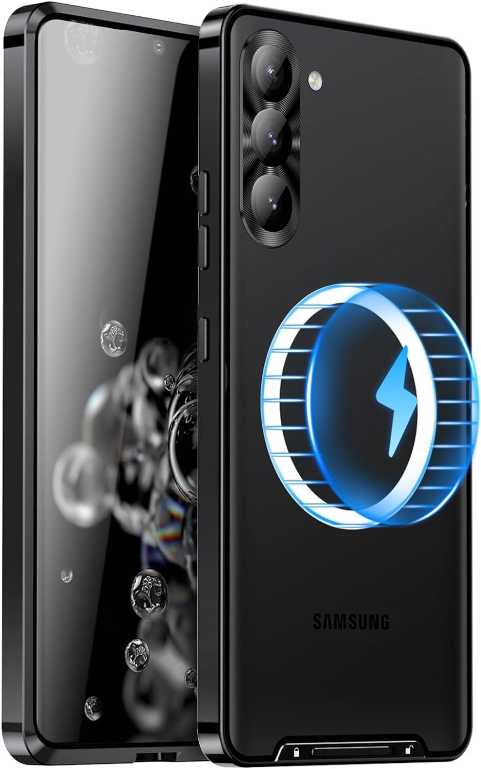 جراب معدني AWH لهاتف Samsung S23 Plus 5G - متوافق مع شاحن Ma-g-Safe اللاسلكي - ظهر شفاف غير لامع مع حماية عدسة الكاميرا، غطاء مغناطيسي لهاتف Galaxy S23 Plus (أسود)