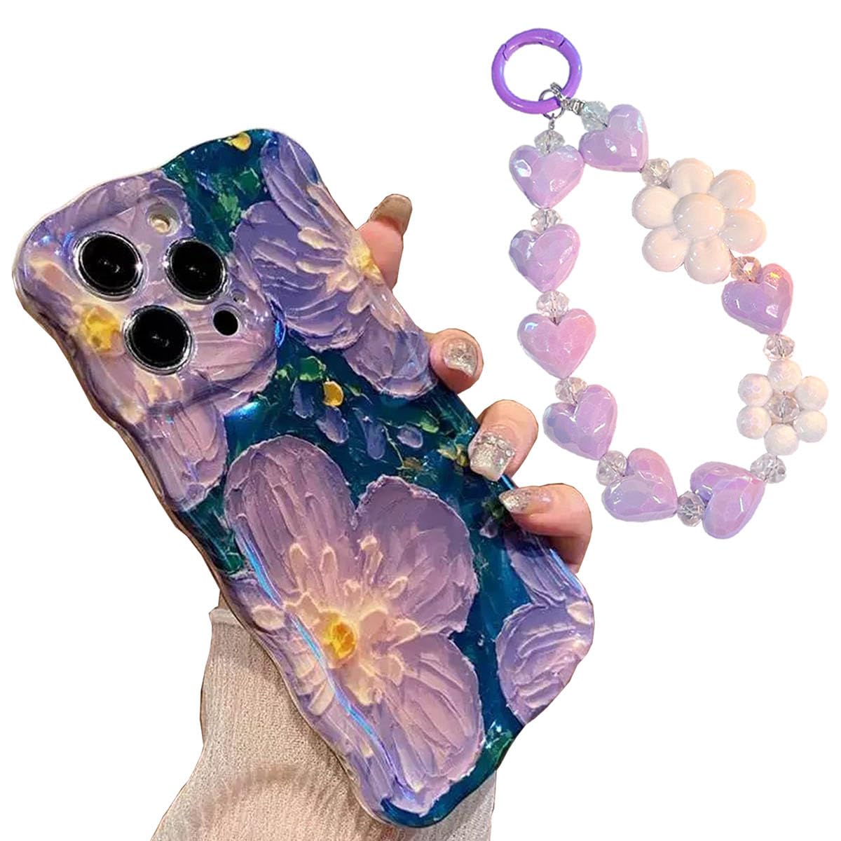 جراب Boolygo لهاتف iPhone 14 Pro Max - غطاء TPU لطيف مقاوم للصدمات مع حزام معصم، تصميم لوحة زيتية، جراب هاتف واقٍ لامع زهري للنساء (أرجواني، iPhone 14 Pro Max)