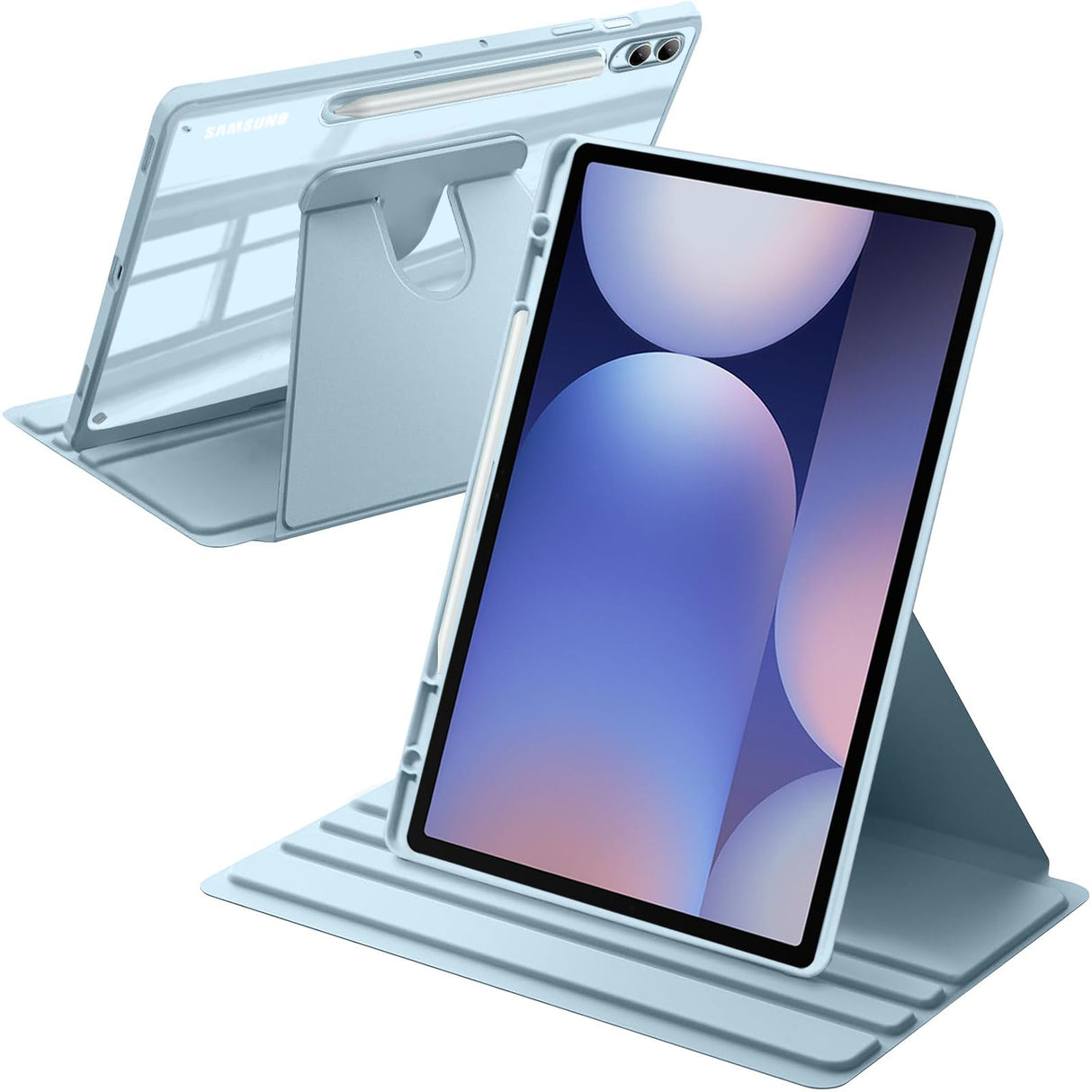 جراب A-BEAUTY دوار متوافق مع جهاز Samsung Galaxy Tab S10+ 2024/Tab S9 FE+/S9+ 2023 مقاس 12.4 بوصة مع حامل قلم S، غطاء خلفي شفاف مقاوم للصدمات، خاصية الإيقاظ/السكون التلقائي، أزرق سماوي