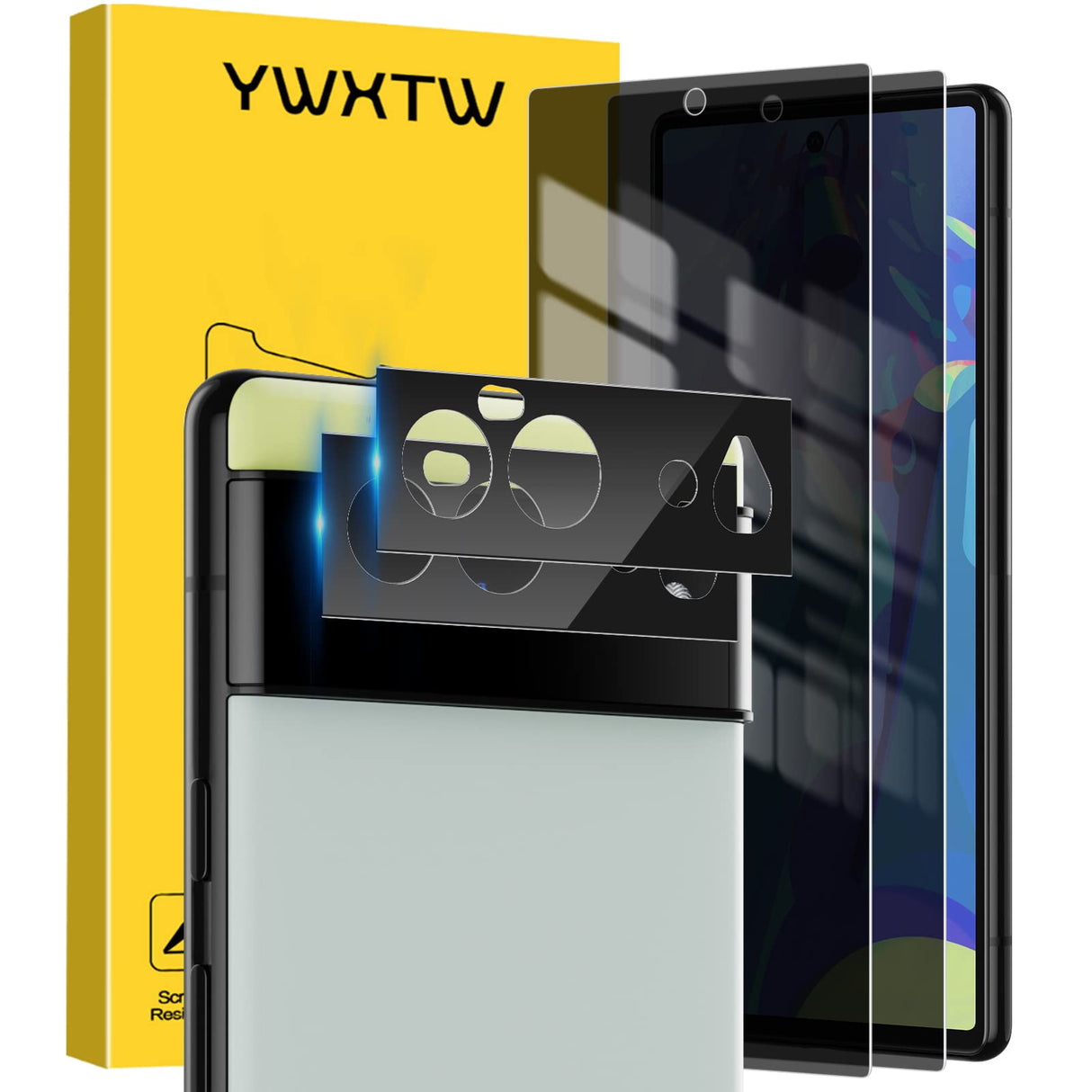 واقي شاشة الخصوصية YWXTW لهاتف Google Pixel 6، قطعتان من الزجاج المقوى المضاد للتجسس وقطعتان من واقي عدسة الكاميرا، [لا يدعم فتح بصمة الإصبع] متوافق مع الجراب، خالٍ من الفقاعات، 6.4 بوصة (أسود)