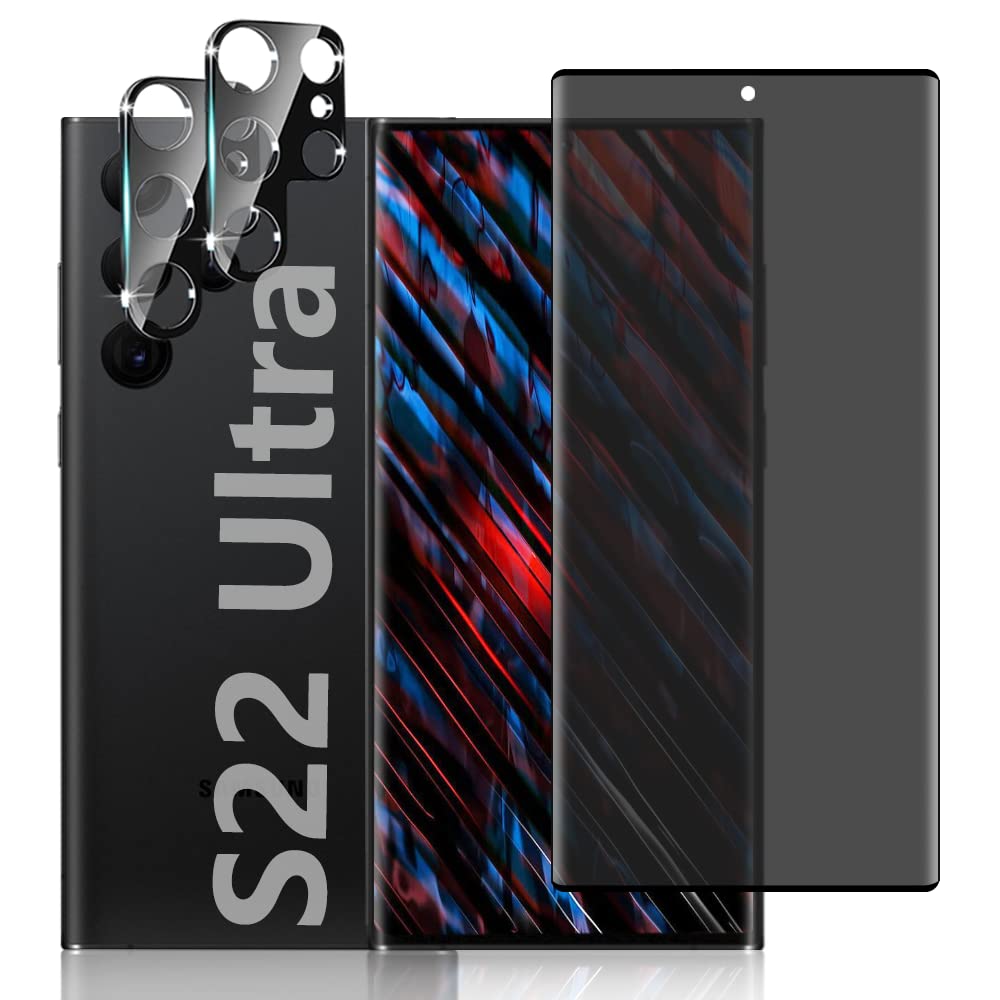 [عبوة من 1 + 2] واقي شاشة الخصوصية وواقي عدسة الكاميرا لهاتف Samsung Galaxy S22 Ultra مقاس 6.8 بوصة، واقي زجاجي مقوى، تغطية كاملة، صلابة 9H HD مضاد للتجسس، فتح ببصمة الإصبع، جرابات متوافقة