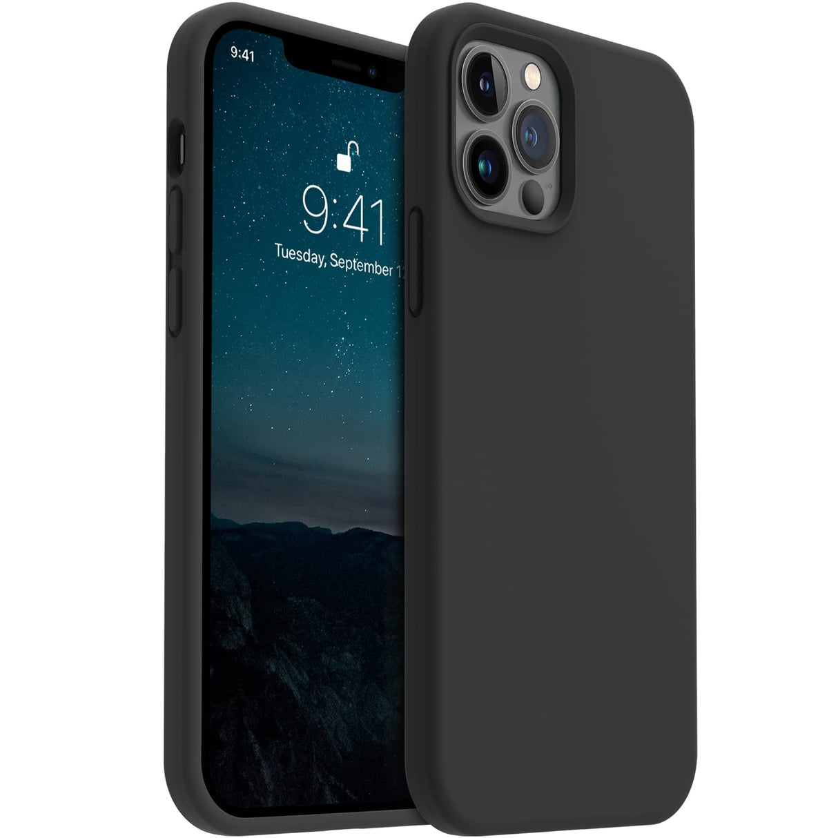 جراب AOTESIER المقاوم للصدمات المصمم لهاتف iPhone 12 Pro Max، جراب هاتف من السيليكون السائل مع [بطانة ناعمة من الألياف الدقيقة المضادة للخدش] حماية كاملة من السقوط 6.7 بوصة، غطاء رفيع، أسود