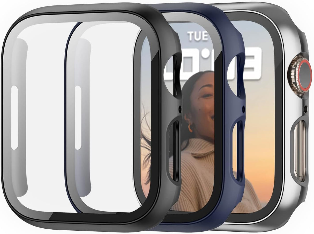 AWH Compatible for Watch Series 9/8 Series 7 41mm Screen Protector Case - All Round Full Protective PC Cover Bumper for iWatch 8/7 41mm Accessories - 3 Pack (Black/DarkBlue/Silver)