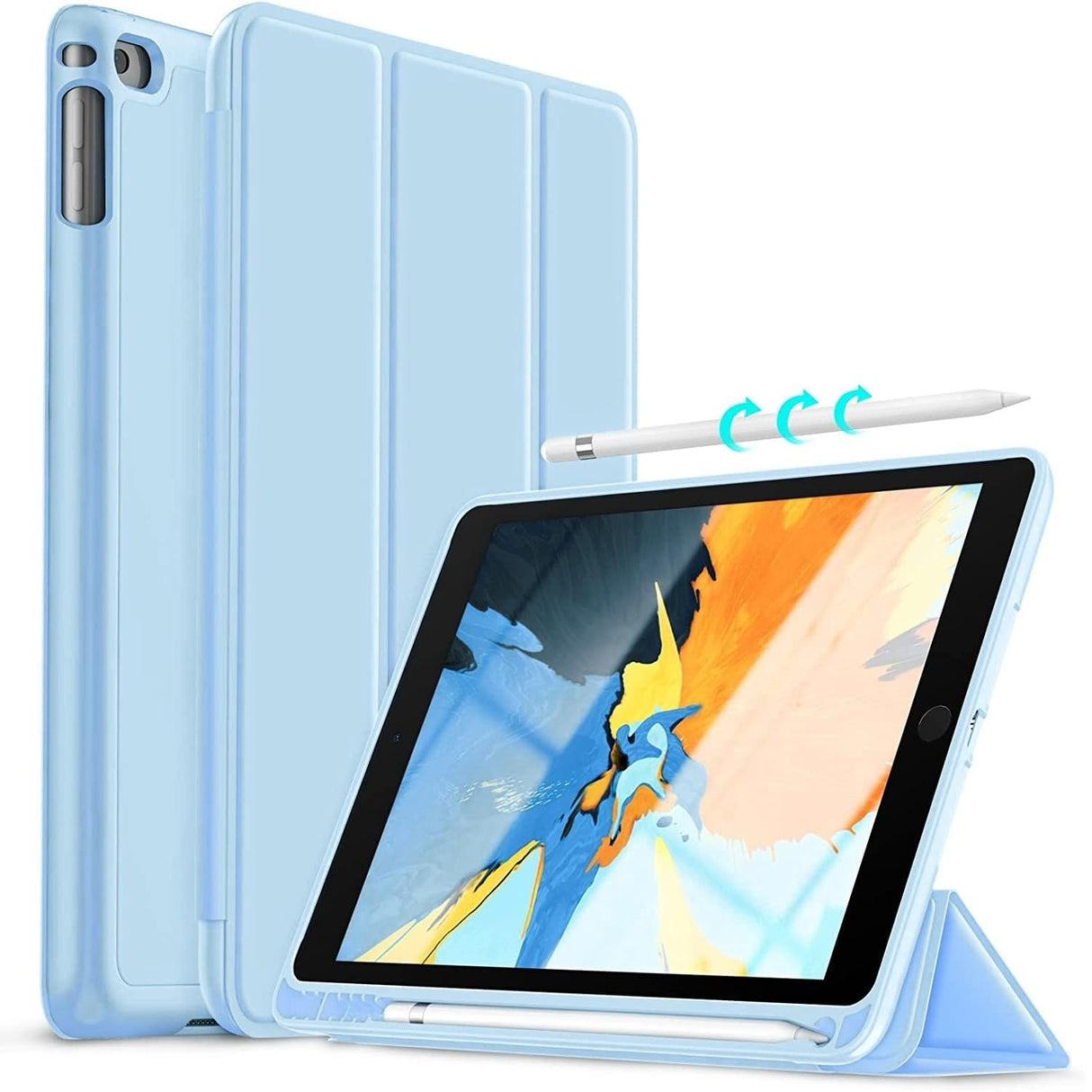 حافظة Vultic [حامل أقلام ثلاثي الطي] لجهاز iPad Air (2013) / Air 2 (2014) / 9.7 بوصة [الجيل الخامس/السادس 2017/2018]، حامل ذكي مغناطيسي [وضع السكون/التنشيط التلقائي] غطاء خلفي رفيع من السيليكون الناعم (أزرق فاتح)