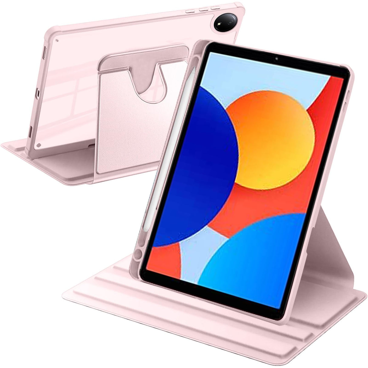جراب دوار من A-BEAUTY متوافق مع جهاز Xiaomi Redmi Pad SE مقاس 8.7 بوصة 4G 2024 مع حامل قلم، غطاء واقٍ قابل للدوران 360 درجة، ظهر شفاف، إيقاظ/سكون تلقائي، وردي