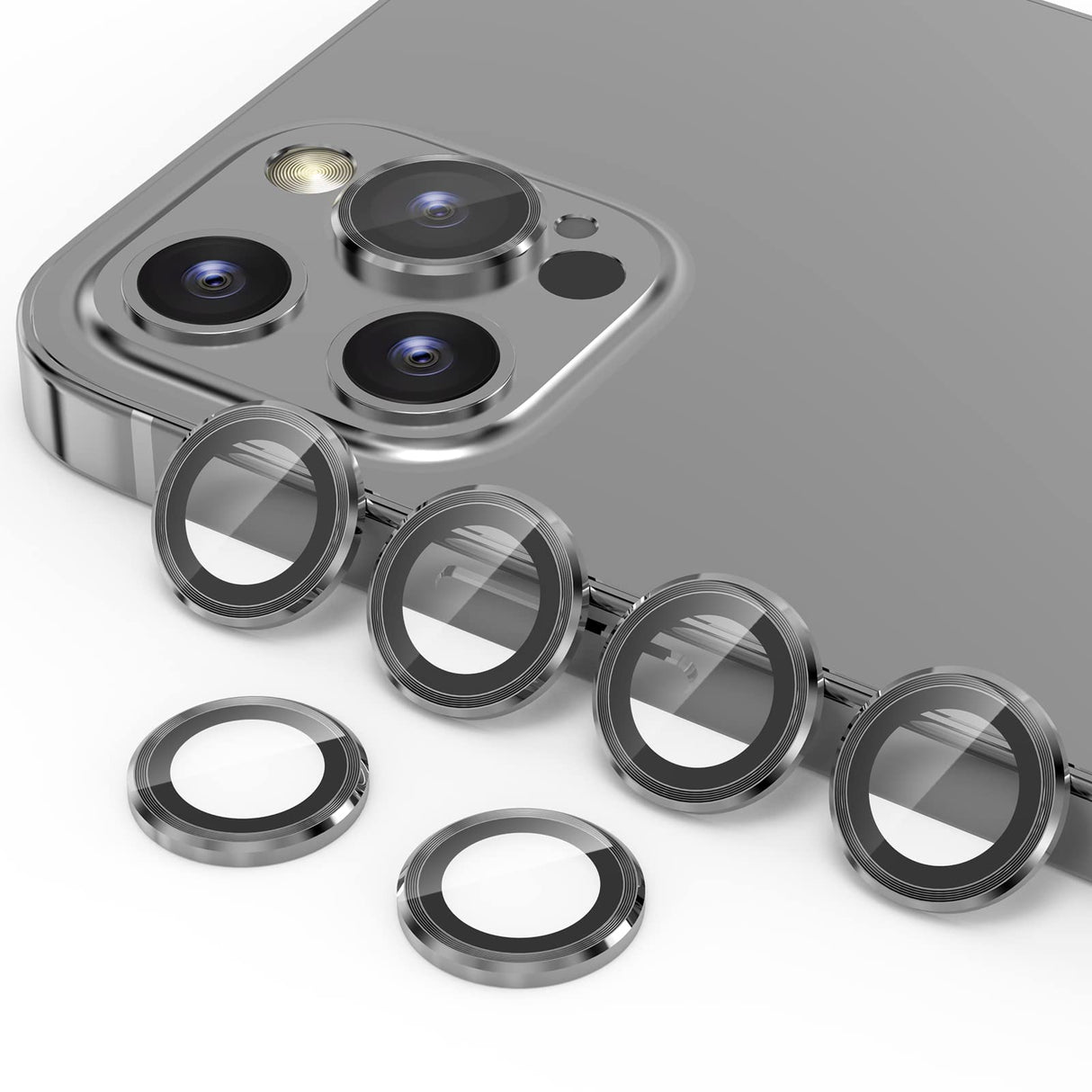 YWXTW [عبوة من قطعتين] واقي عدسة الكاميرا متوافق مع iPhone 12 Pro Max 6.7 بوصة، [صينية التثبيت] غطاء دائري للكاميرا من الزجاج المقوى المصنوع من سبائك الألومنيوم (جرافيت)