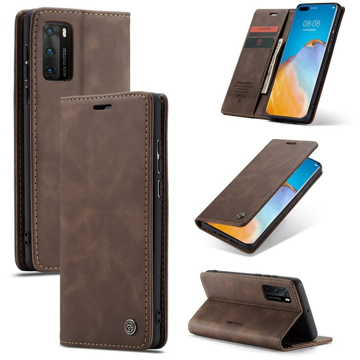 UniqCase لهاتف Huawei P40، جراب هاتف مغناطيسي من جلد البولي يوريثان مع حامل محفظة من مادة TPU، لون القهوة