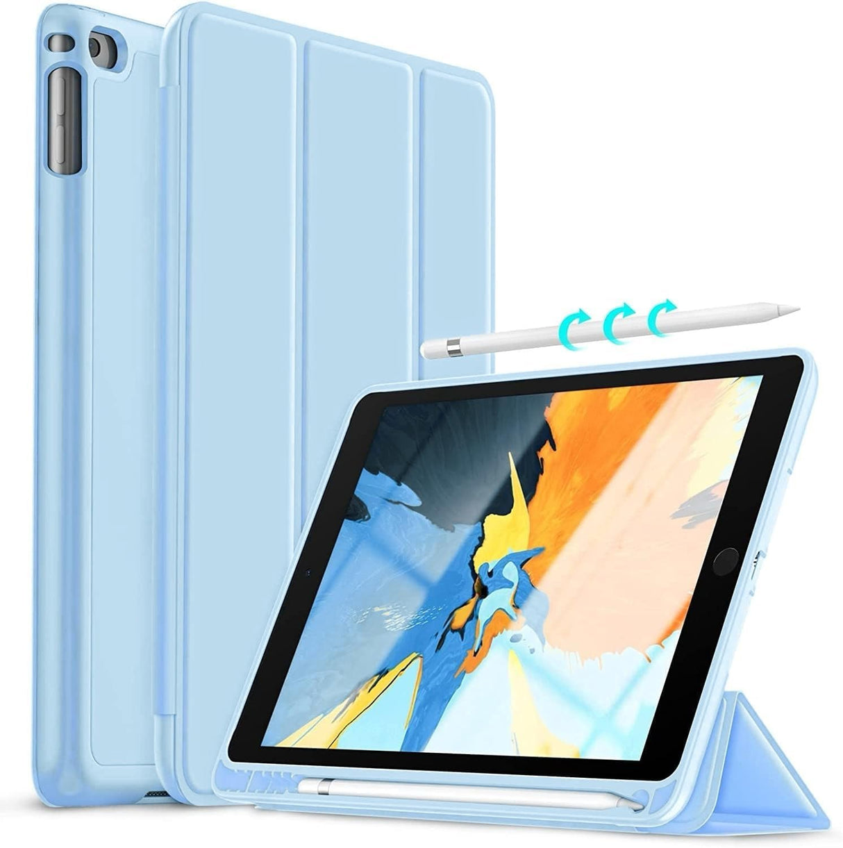 حافظة Vultic [حامل أقلام ثلاثي الطي] لجهاز iPad 10.2 بوصة 2021/2020/2019 (الجيل التاسع/الثامن/السابع)، حامل ذكي مغناطيسي [وضع السكون/التنشيط التلقائي] غطاء خلفي رفيع ناعم من السيليكون (أزرق فاتح)