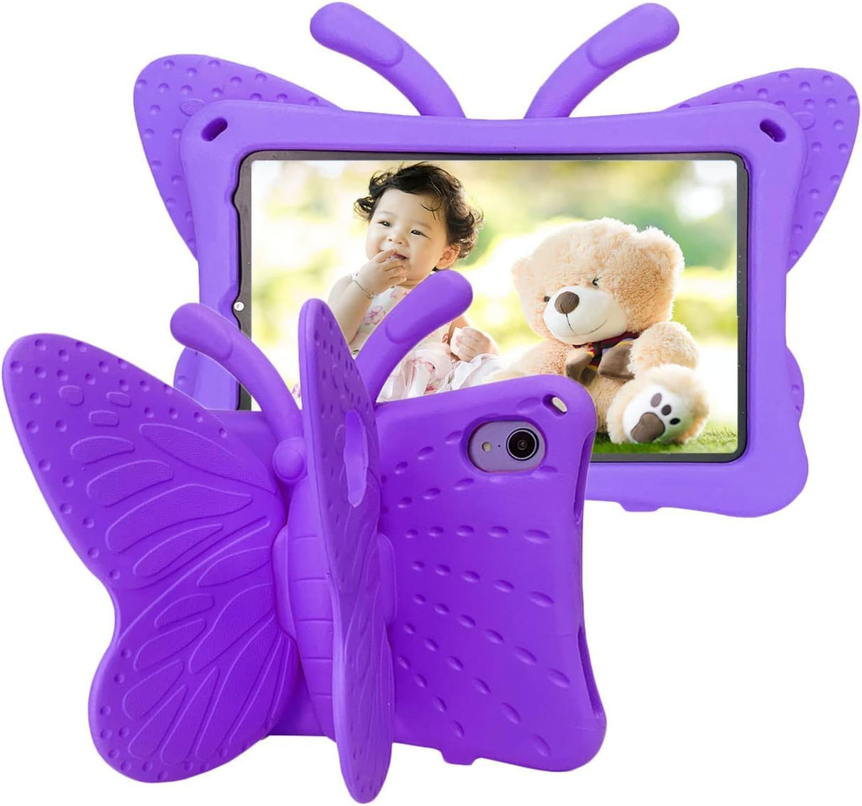 AWH iPad Mini 6 Case Kids - iPad Mini 2021 Case with Pencil Holder - Cute Butterfly Shockproof Light Weight EVA Foam Bumper Stand Cover for iPad Mini (6th Generation) 8.3" Tablet (Purple)