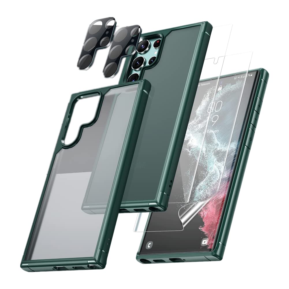 [5 في 1] جراب لهاتف Samsung S23 Ultra، قطعتان من واقي عدسة الكاميرا + قطعتان من واقي الشاشة الناعم، لمسة نهائية غير لامعة، حماية شاملة، مقاوم للصدمات، طقم مضاد للخدوش لهاتف S23 Ultra 5G (S23 Ultra، أخضر)