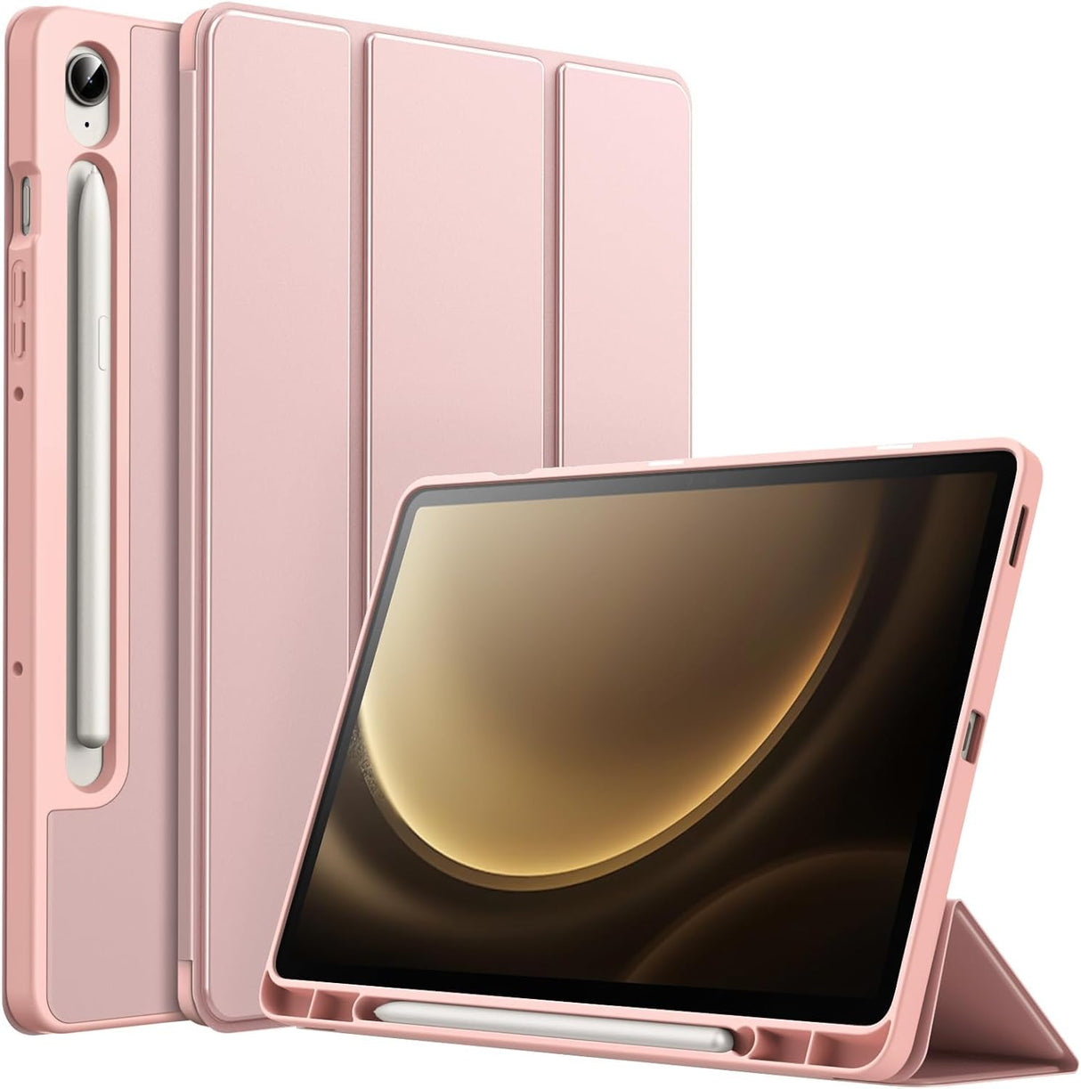 AWH Case Tab S9 FE 10.9-Inch with S Pen Holder, Soft TPU Tri-Fold Stand Protective Tablet Cover, Support S Pen Charging, Auto Wake/Sleep-Light (Rose Gold)