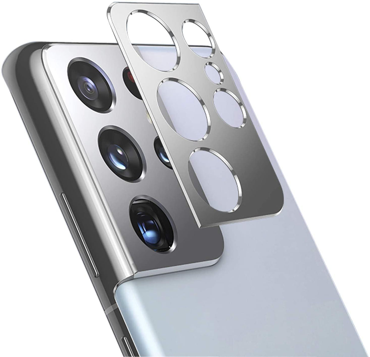 ملصق حماية لعدسة الكاميرا من سبائك الألومنيوم لهاتف Galaxy S21 Ultra 5G، واقي شاشة معدني مع شريط لاصق، عبوة من قطعتين (فضي)