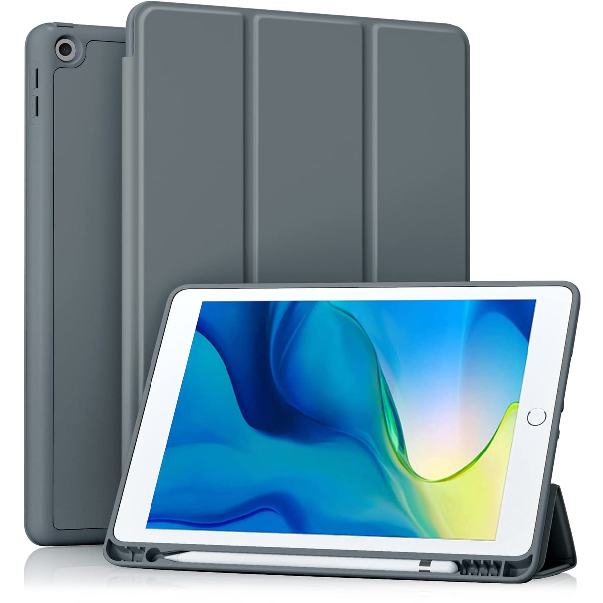 Akkerds Case Compatible with iPad 10.2 Inch 2021/2020 iPad 9th/8th Generation & 2019 iPad 7th Generation with Pencil Holder, Protective Case with Soft TPU Back, Auto Sleep/Wake Cover, Dark Grey