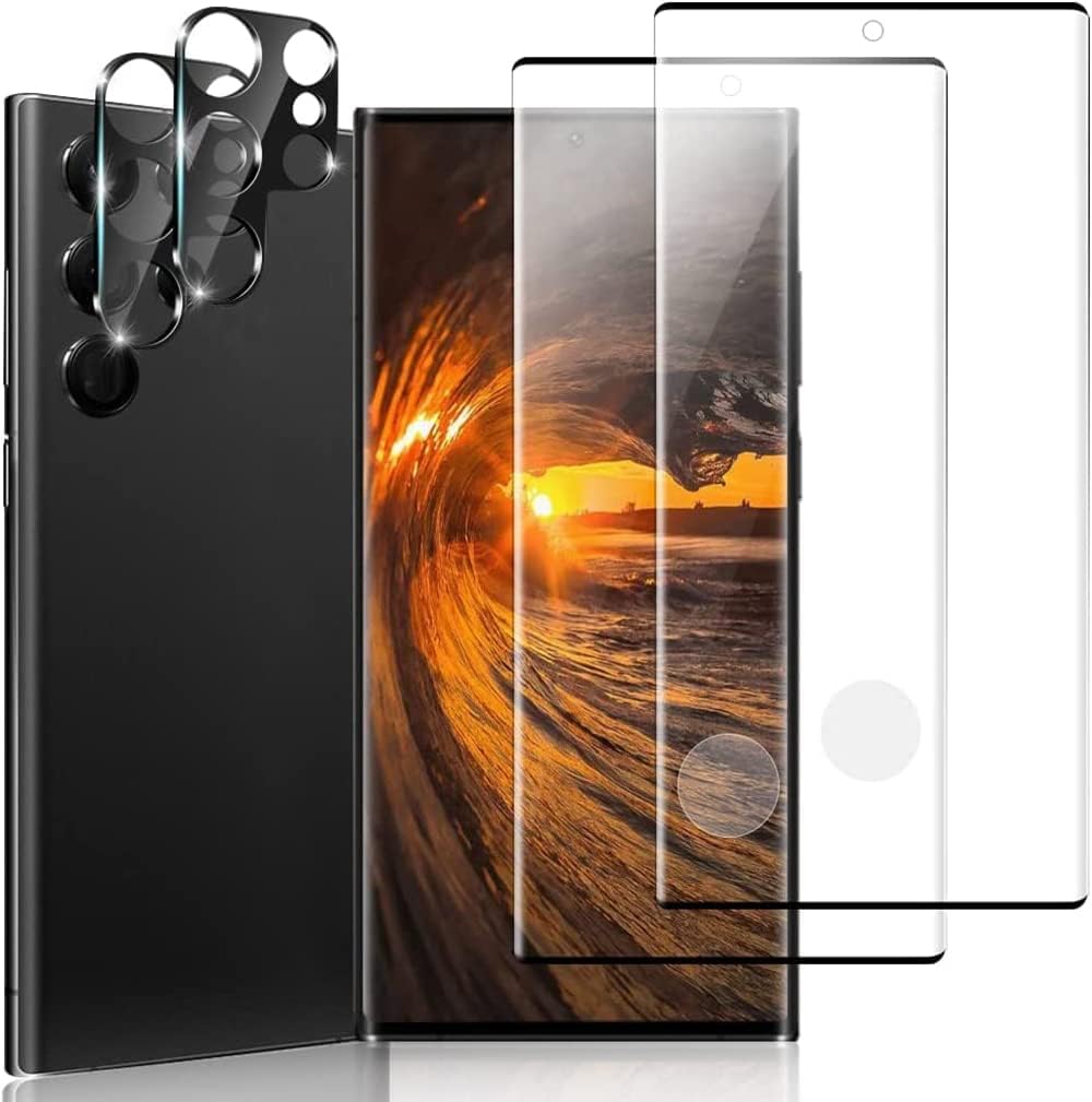 واقي شاشة AWH 2+2 مع واقي عدسة الكاميرا لهاتف Galaxy S23 Ultra - زجاج مقوى عالي الدقة، منحني ثلاثي الأبعاد، خالٍ من الفقاعات لهاتف S23 Ultra 5G (6.8 بوصة) - يدعم فتح بصمة الإصبع