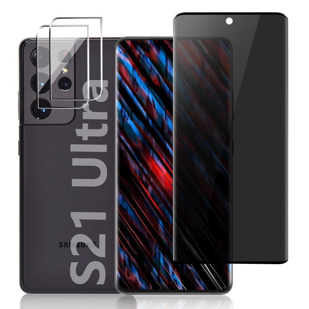 [عبوة من 1 + 2] واقي شاشة للخصوصية وواقي عدسة الكاميرا لهاتف Samsung Galaxy S21 Ultra مقاس 6.8 بوصة، واقي زجاجي مقوى، تغطية كاملة، صلابة 9H HD مضاد للتجسس، فتح ببصمة الإصبع، جرابات متوافقة