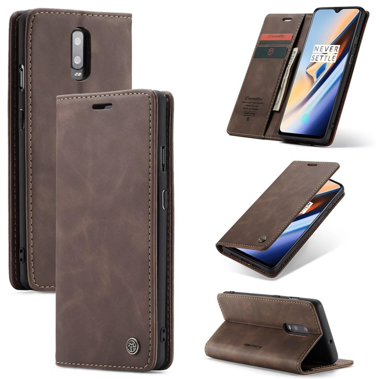 UniqCase Auto-absorbed Leather Flip Wallet Case For OnePlus 7 - Coffee