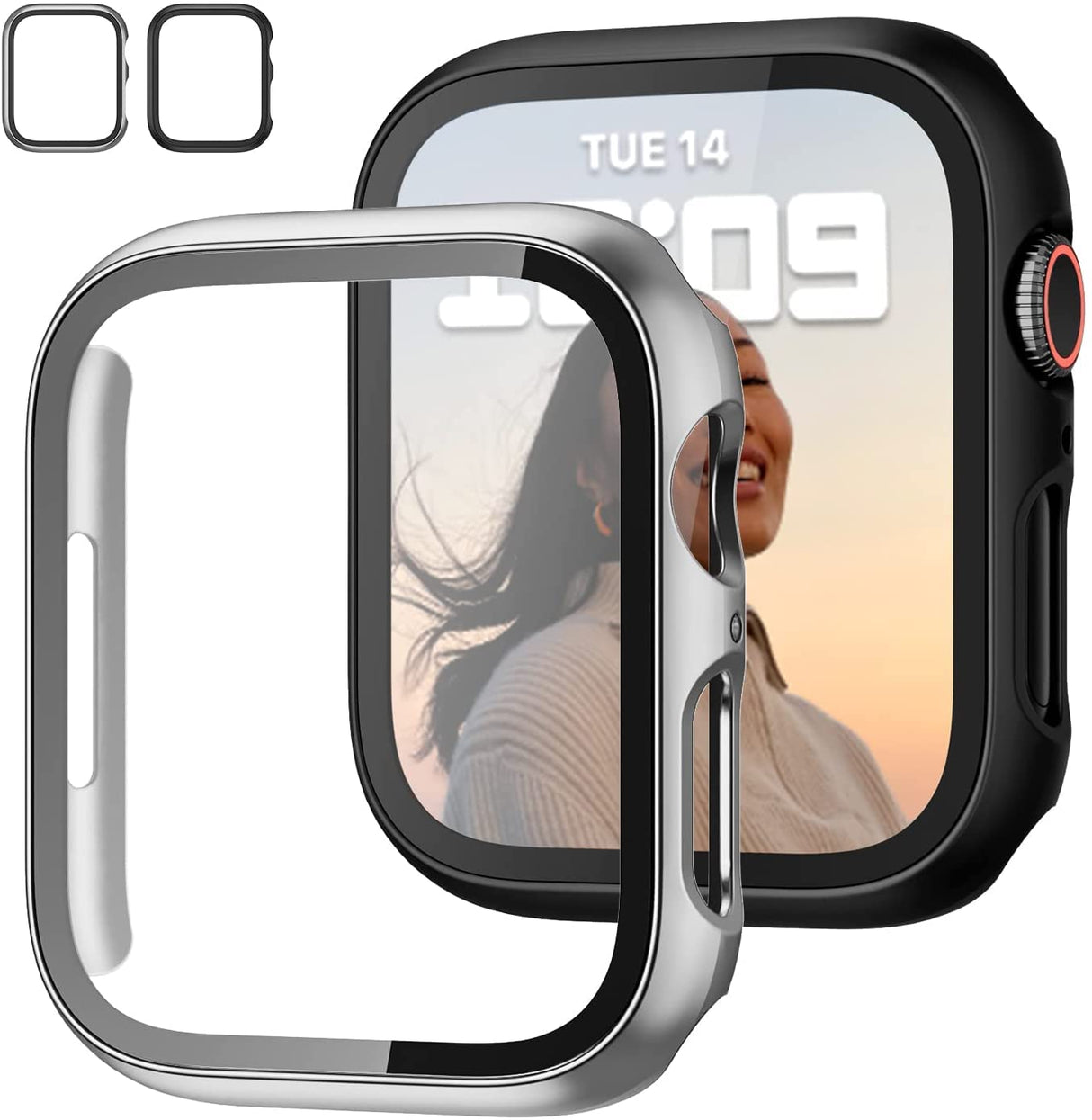 جراب AWH مكون من قطعتين مع واقي شاشة من الزجاج المقوى لساعة Apple Watch Series 7 مقاس 41/45 مم، ممتص صدمات نحيف، غطاء واقٍ صلب من البولي كربونات، غطاء فائق النحافة لساعة iWatch مقاس 41/45 مم، (45 مم، أسود + فضي)