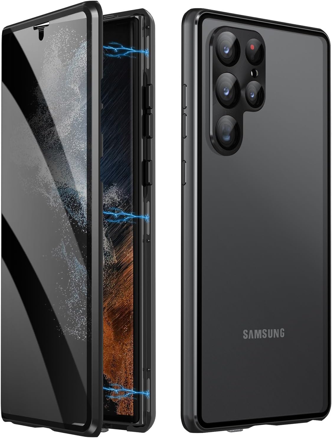 جراب مغناطيسي للخصوصية من AWH لهاتف S24 Ultra - جراب زجاجي مزدوج الجوانب مضاد للتجسس مع قفل أمان لحماية العدسة، يدعم الشحن اللاسلكي جراب سري لهاتف S24 Ultra (أسود)