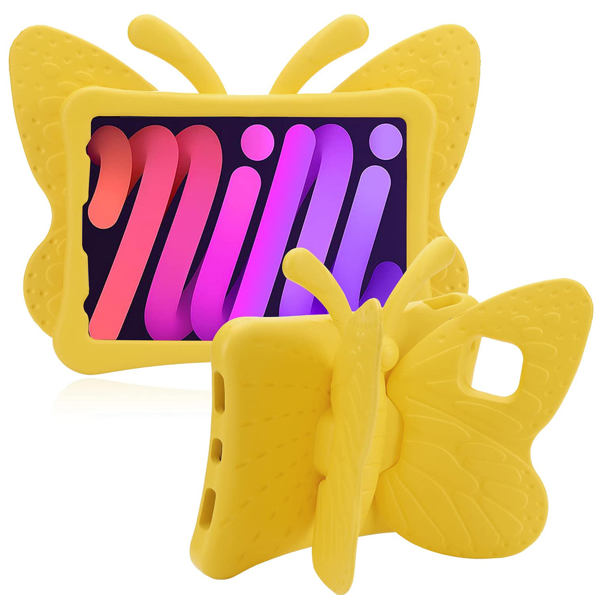 جراب AWH JGY iPad Mini 6 8.3 بتصميم فراشة جميل للأطفال والبنات، مصنوع من إسفنج EVA خفيف الوزن وغطاء كامل متين لجهاز iPad Mini 6 للأطفال مع حامل قلم رصاص، جراب مقاوم للصدمات ومتين لجهاز iPad Mini 6 (أصفر)