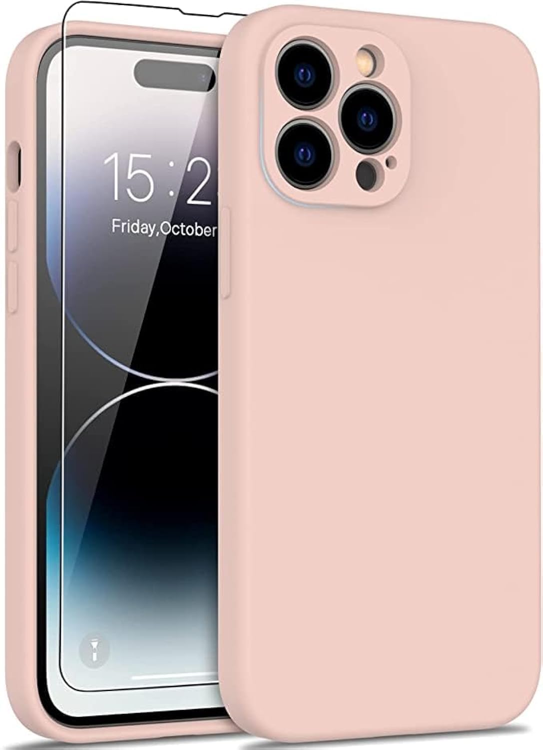 جراب AWH لهاتف iPhone 14 Pro Max Max مع واقي شاشة - غطاء كاميرا معزز، مطاط جل سيليكون ناعم تم اختباره ضد السقوط من ارتفاع 16 قدمًا، جراب هاتف واقٍ رفيع لهاتف iPhone 14 Pro Max Max 6.7 بوصة (وردي فاتح)