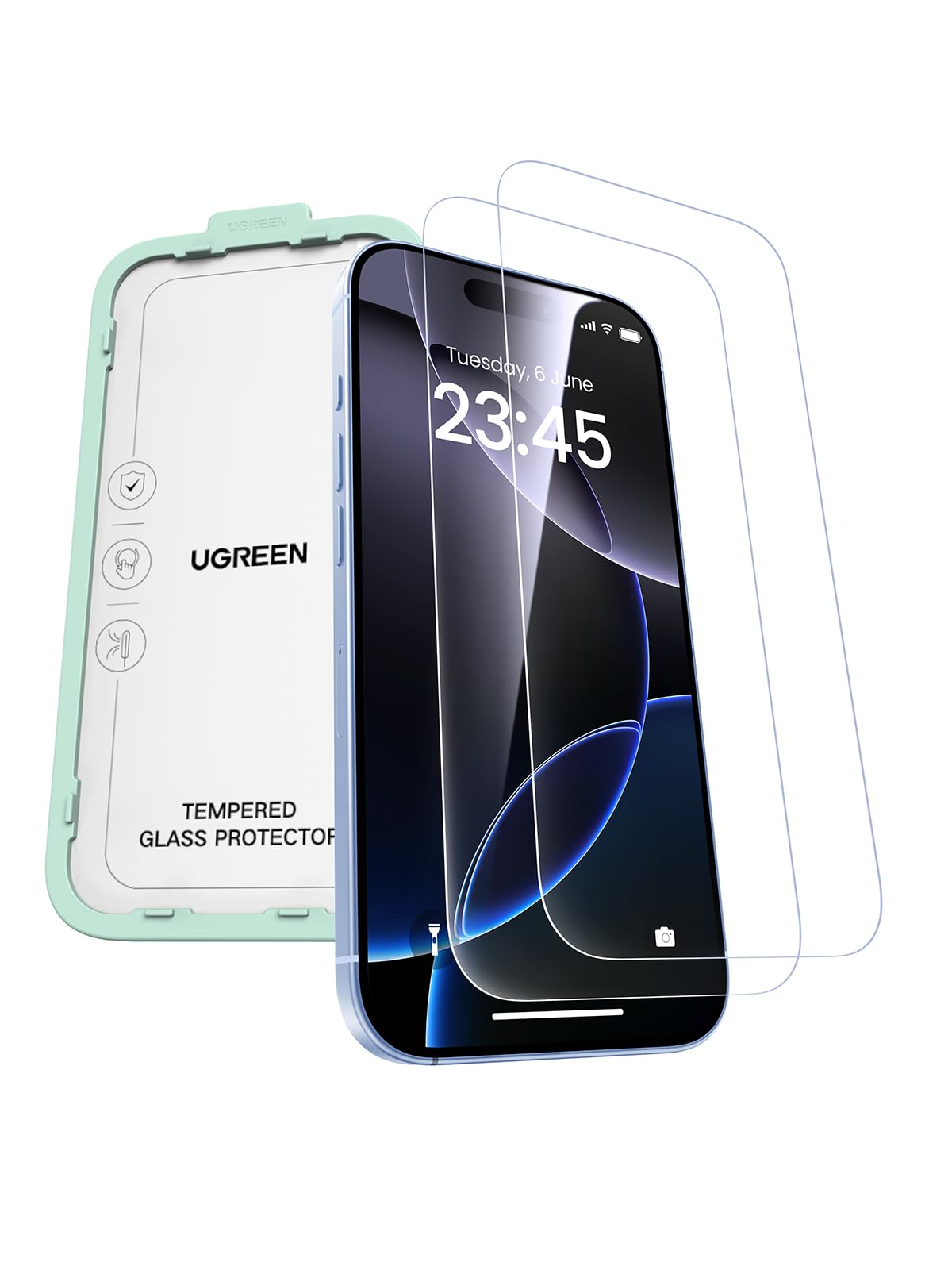 واقي شاشة UGREEN لهاتف iPhone 17/iPhone 16 Pro مقاس 6.3 بوصة، 9H، حماية غير قابلة للكسر، HD، شفاف للغاية، واقي شاشة من الزجاج المقوى بدرجة عسكرية، سهل التركيب، مضاد لبصمات الأصابع (عبوة من قطعتين)