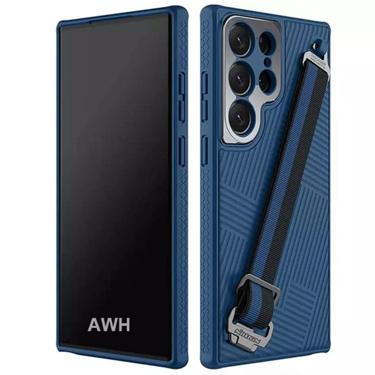 جراب حماية AWH Nillkin مع حزام حبل متعدد الاستخدامات ثلاثي الأبعاد لهاتف Samsung Galaxy S23 Ultra، واقي إطار عدسة معدني، حماية كاملة 360 درجة، زوايا وسادة هوائية مضادة للسقوط، رياضي، تصميم عملي (أزرق)